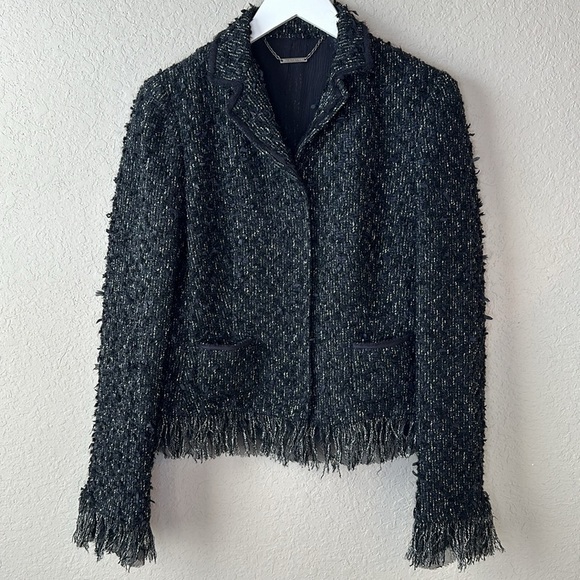 Elie Tahari Black Tweed Button-Up Blazer W/ Fringe Trim Sz Medium - Picture 1 of 16